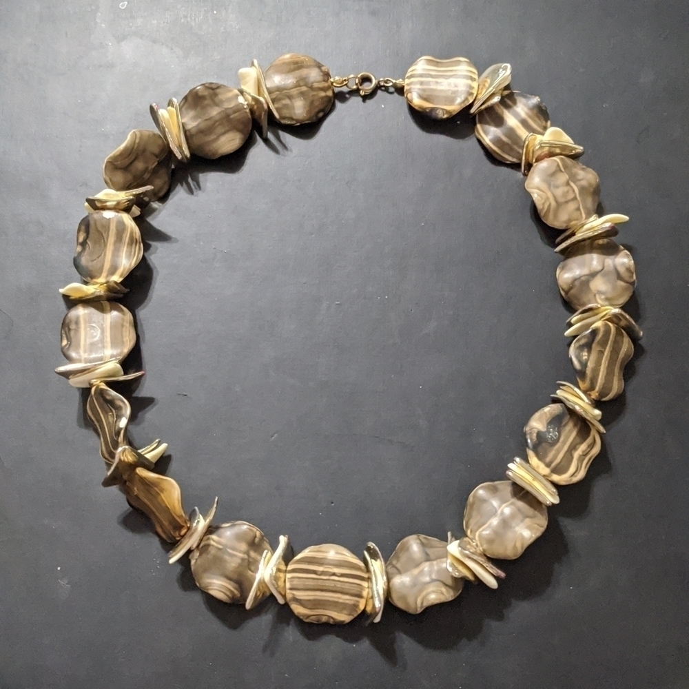 Gold Tone Brown Swirl Wooden Bead Cream And Gold Triangles Statement Necklace